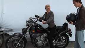 Seductive Short-Haired Biker Blonde Girl Licks Very Crooked Penis