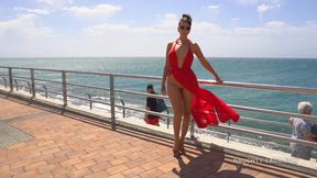 Seductive Naughty Exhibitionist Milf - Red Dress On Public Beach
