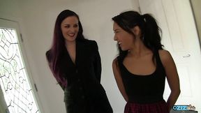 Two Brunette Babes Caroline And Jesse Share A Big Cock Until They Both Cream Hard